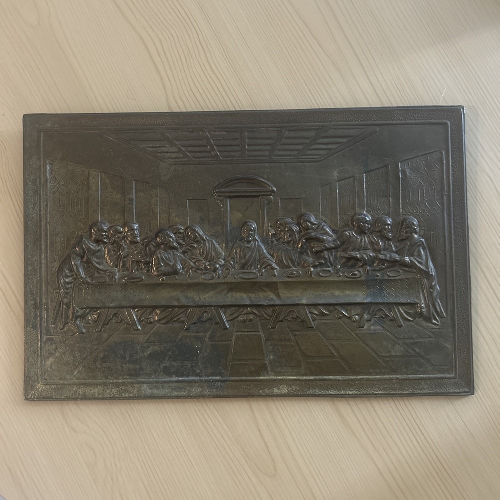 Vintage Brass Relief Over Wood Like Wall Plaque " The Last Supper "